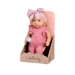 LullaBaby, 14 Inch Baby Doll Pink Romper Ruffle Sleeves Oversized Bow Headband Light Blue Eyes Fair Skin Tone Soft Cuddly Body Pacifier First Baby Doll Gift for Kids 2 Years and Up - Lullababy