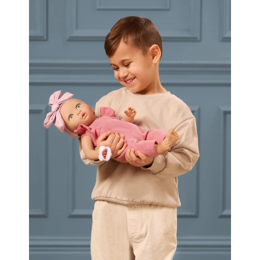 LullaBaby, 14 Inch Baby Doll Pink Romper Ruffle Sleeves Oversized Bow Headband Light Blue Eyes Fair Skin Tone Soft Cuddly Body Pacifier First Baby Doll Gift for Kids 2 Years and Up - Lullababy - Image 3