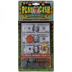 JARU, Play Cash Coins and Bills Set 121 Pieces Kids Educational Play Money with Plastic Coins Paper Bills and Gold Money Clip Role Play Learning Toy
