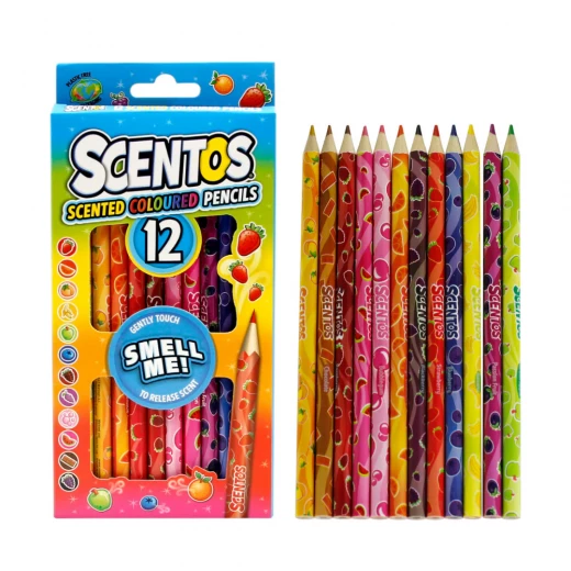 Scentos, 12 Scented Coloured Pencils Kids Fruity Scented Creative Drawing And Colouring Set With Scratch N Sniff Scented Erasers Safe Non-Toxic Art School Travel Age 3+ - Scentos - Image 3