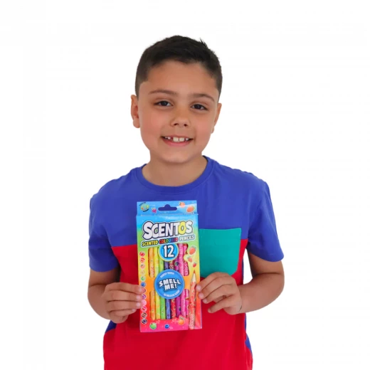 Scentos, 12 Scented Coloured Pencils Kids Fruity Scented Creative Drawing And Colouring Set With Scratch N Sniff Scented Erasers Safe Non-Toxic Art School Travel Age 3+ - Scentos - Image 4