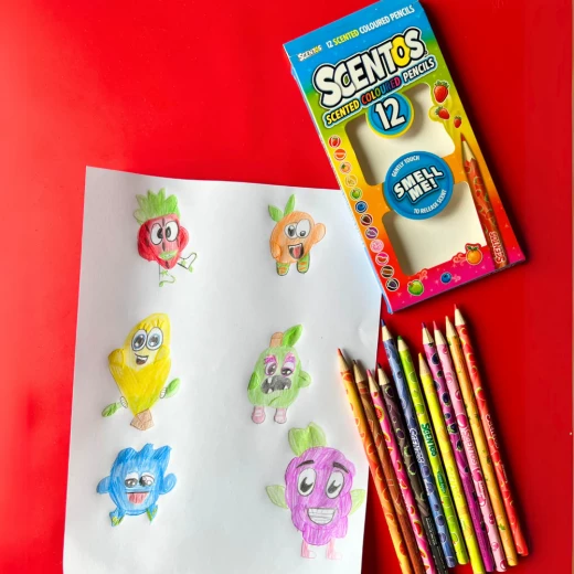 Scentos, 12 Scented Coloured Pencils Kids Fruity Scented Creative Drawing And Colouring Set With Scratch N Sniff Scented Erasers Safe Non-Toxic Art School Travel Age 3+ - Scentos - Image 5