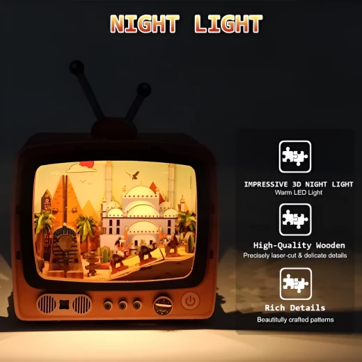 Egyptian Pyramids 3D Puzzle Retro TV Design DIY Kit with LED Light 89 Wooden Pieces for Ages 12+ Creative Historical Decoration - K Toys - Image 4
