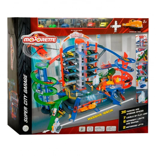 Majorette, Super City Garage Mega City Playset 7 Levels Motorized Elevators Car Wash Gas Station Helicopter Pad 6 Metal Cars Train with Wagon and 35 Parking Spaces