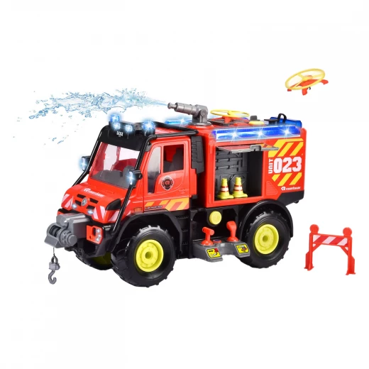 Dickie, Unimog U530 Heavy Rescue Fire Truck with Roof Water Cannon, Functional Crane, Two Drones with Launch Ramps, Lights and Sounds, Opening Doors, Realistic Play for Children Aged 3 Years and Older - Dickie - Image 2