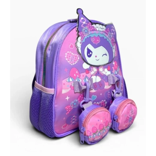 VEST, Kuromi Small Backpack 10 Inch Cartoon Design Kids School Bag Front Round Pockets Side Bottle Holders Durable Polyester Water Resistant Compact Size for Daily Use - Vest - Image 3