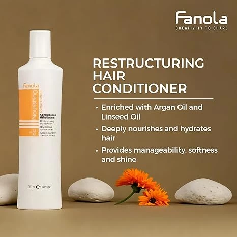 Fanola Nourishing Restructuring Conditioner 350ml is a professional hair care product designed for dry, frizzy, and damaged hair. It deeply hydrates and smooths the hair, leaving it soft, silky, and easy to manage. Enriched with linseed oil, it nourishes the hair fibers, prevents split ends, and enhances shine. This conditioner is suitable for color-treated and chemically processed hair, helping to extend color life and restore healthy appearance. - Fanola - Image 3