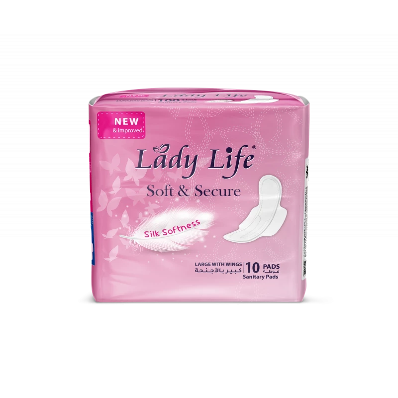 Lady Life Daytime Sanitary Pads, 10 pads with super absorbency and extended all-day protection, comfortable design with wings for longer-lasting secure fit. - Lady Life