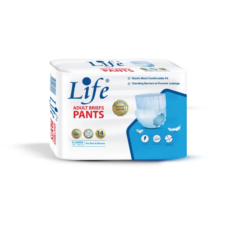 Life adult pants diapers with strong absorbency and reliable protection. Easy to wear and comfortable, suitable for a waist size of 140-166 cm. Pack contains 14 pads. Gentle on the skin and provides daily comfort and confidence - Life