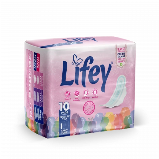 Lifey with the world’s latest odour control technology, regular thick sanitary pads ideal for light flow, offering maximum protection and all-day comfort, pack of 10 pads. Lifey with the world’s latest odour control technology, regular thick sanitary pads ideal for light flow, offering maximum protection and all-day comfort, pack of 10 pads.
