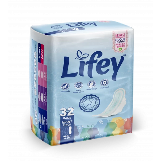 Lifey with the latest global odour-control technology, thick night pads ideal for heavy flow, offering maximum protection and long-lasting comfort throughout the night. Pack of32 pads. Lifey with the latest global odour-control technology, thick night pads ideal for heavy flow, offering maximum protection and long-lasting comfort throughout the night. Pack of32 pads.