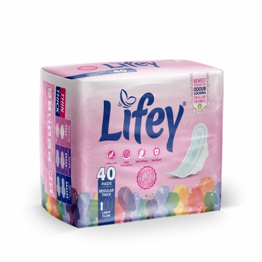 Lifey with the world’s latest odour control technology, regular thick sanitary pads ideal for light flow, offering maximum protection and all-day comfort, pack of 40 pads. Lifey with the world’s latest odour control technology, regular thick sanitary pads ideal for light flow, offering maximum protection and all-day comfort, pack of 40 pads.
