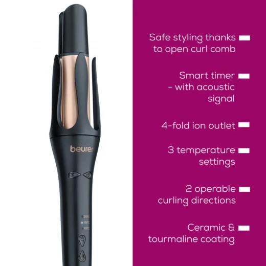Beurer HT75 Automatic Hair Curler, Ceramic Tourmaline Coating with 4-Way Ionic Technolo, Smart Curl Timer, Anti-Tangle Design, 360° Swivel Cord, Smooth, Shiny Curls - Beurer - Image 2