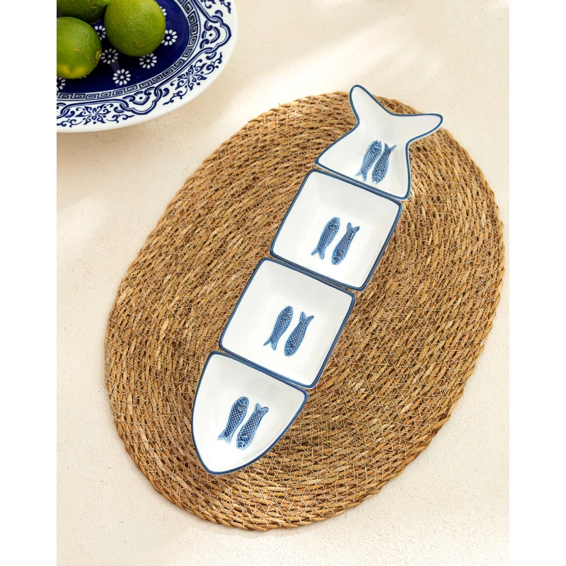 Madame COCO Marine 4-Piece Porcelain Serving Plate Set 35×8.7×4.1cm – Elegant Serving Dishes for Appetizers, Desserts & Snacks, Ideal for Everyday Dining & Table Setting - Madame COCO
