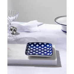 Madame COCO Reve Bleu Raye Square Porcelain Plate 12.2×3.2cm – Elegant Serving Plate for Appetizers, Desserts & Snacks, Ideal for Everyday Dining & Table Setting
