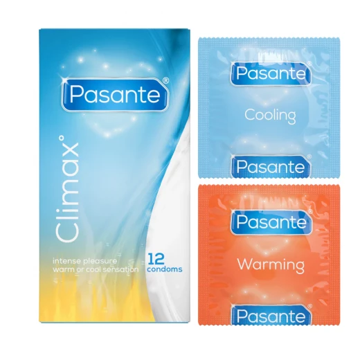 Pasante Climax Condoms, Climax contains a mix of ribbed condoms with either a warming or a cooling sensation, Natural Rubber Latex Condoms for Men, Stimulating Design, Lubricated, 12 Count - Pasante - Image 2