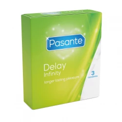 Pasante Delay Condoms, Extended Pleasure, Natural Rubber Latex Condoms with Benzocaine Lubricant to Delay Climax, Regular Fit, 3 Count