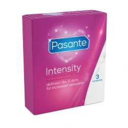 Pasante Intensity Condoms, Ribbed, Dotted, and Contoured Design, Natural Rubber Latex Condoms for Men, Enhanced Stimulation, Lubricated, 3 Count