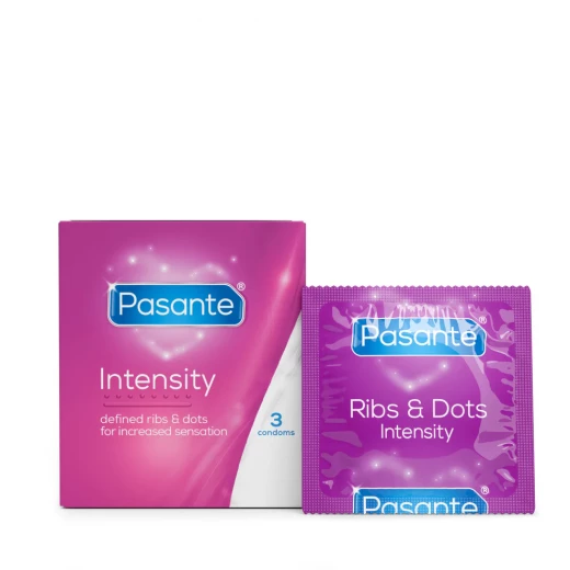 Pasante Intensity Condoms, Ribbed, Dotted, and Contoured Design, Natural Rubber Latex Condoms for Men, Enhanced Stimulation, Lubricated, 3 Count - Pasante - Image 3