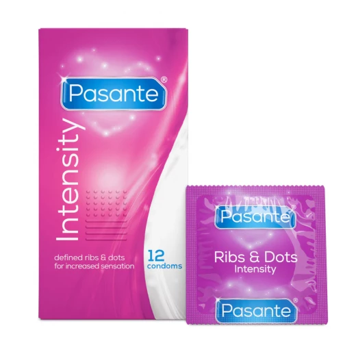 Pasante Intensity Condoms, Ribbed, Dotted, and Contoured Design, Natural Rubber Latex Condoms for Men, Enhanced Stimulation, Lubricated, 12 Count - Pasante - Image 2
