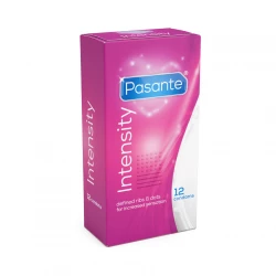 Pasante Intensity Condoms, Ribbed, Dotted, and Contoured Design, Natural Rubber Latex Condoms for Men, Enhanced Stimulation, Lubricated, 12 Count