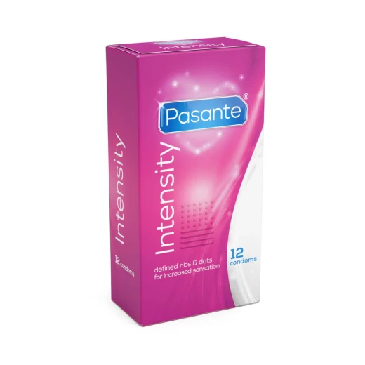 Pasante Intensity Condoms, Ribbed, Dotted, and Contoured Design, Natural Rubber Latex Condoms for Men, Enhanced Stimulation, Lubricated, 12 Count Pasante Intensity Condoms, Ribbed, Dotted, and Contoured Design, Natural Rubber Latex Condoms for Men, Enhanced Stimulation, Lubricated, 12 Count