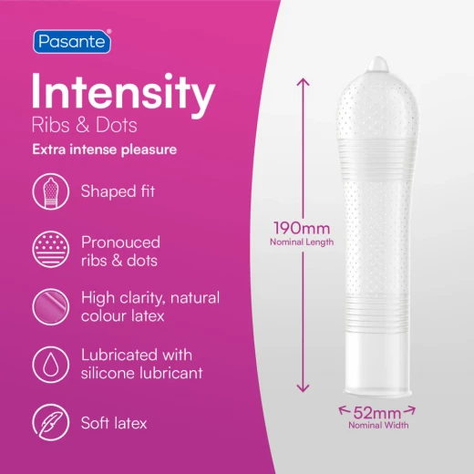 Pasante Intensity Condoms, Ribbed, Dotted, and Contoured Design, Natural Rubber Latex Condoms for Men, Enhanced Stimulation, Lubricated, 12 Count - Pasante - Image 4