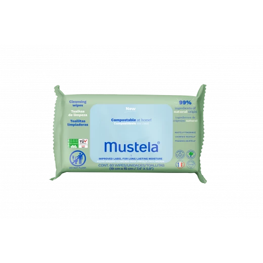 Mustela Baby Cleansing Wipes with Natural Avocado - For Face, Body & Diaper Area - Made with Compostable & Plastic Free Fibers - 60 units Mustela Baby Cleansing Wipes with Natural Avocado - For Face, Body & Diaper Area - Made with Compostable & Plastic Free Fibers - 60 units