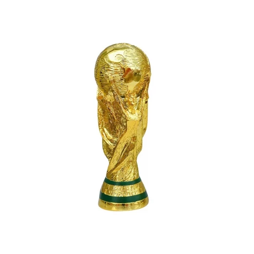 كأس العالم الذهبية 26 سم نسخة طبق الأصل، معدن مطلي بالذهب مع قاعدة خضراء تصميم كرة أرضية مدعومة من شخصين مرفوعي اليدين نقش "كأس العالم" على القاعدة مثالية للعرض والزينة كأس العالم الذهبية 26 سم نسخة طبق الأصل، معدن مطلي بالذهب مع قاعدة خضراء تصميم كرة أرضية مدعومة من شخصين مرفوعي اليدين نقش "كأس العالم" على القاعدة مثالية للعرض والزينة