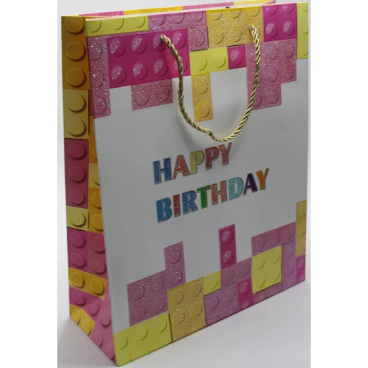 Rigid Cardboard Happy Birthday Pink Gift Bag 15x21 cm High-Quality, Sturdy Design, Handles (Rope or Ribbon), Perfect for Small Gifts - Stoys - Image 2