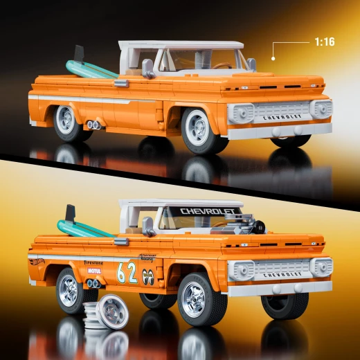 Mattel Brick Shop Hot Wheels Custom '62 Chevy Pickup – Decal sheet, metal wheel covers, signature plate, 1:64 scale metal car – Ages 10+ Years – Model JFT20 - Mattel - Image 11