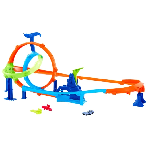 Hot Wheels Stunt Tracks Rapid Launch Cyclone - يتميز بمنحنى 180 درجة يعيد المركبات إلى البداية للتقزم المستمر - موديل JHK73 - ماتيل - Image 4