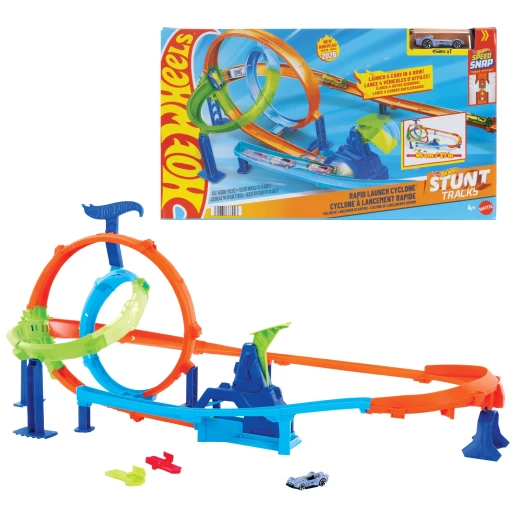 Hot Wheels Stunt Tracks Rapid Launch Cyclone - يتميز بمنحنى 180 درجة يعيد المركبات إلى البداية للتقزم المستمر - موديل JHK73 - ماتيل - Image 5
