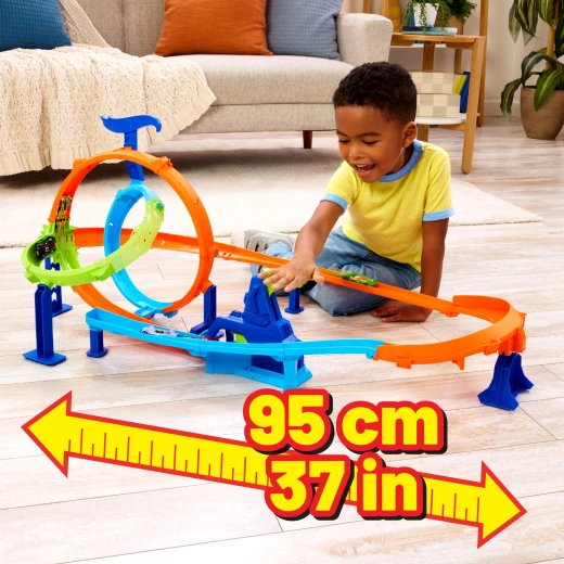 Hot Wheels Stunt Tracks Rapid Launch Cyclone - يتميز بمنحنى 180 درجة يعيد المركبات إلى البداية للتقزم المستمر - موديل JHK73 - ماتيل - Image 6