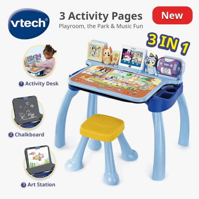 مكتب الأنشطة التفاعلية VTech Bluey - يتضمن مقعدًا، الحد الأقصى لوزن المستخدم 34 كجم - يلزم تجميع البالغين - موديل 80-592603 - في تيك