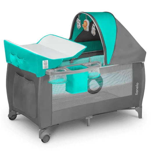 Lionelo Sven Plus Turquoise Grey 2 in 1 Travel Cot and Playpen Multi Functional Baby Bed with Changing Table Canopy and Interactive Toys Lionelo Sven Plus Turquoise Grey 2 in 1 Travel Cot and Playpen Multi Functional Baby Bed with Changing Table Canopy and Interactive Toys