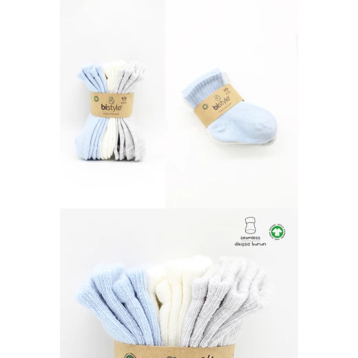 جوارب الأساسية الممشطة المسطحة، (6-12 شهر) (أزرق، رمادي، بيج) 6 أزواج من بيستايل - BiOrganic - Image 8