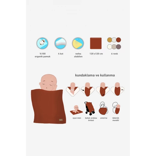 بطانية موسلين عضوية من بيستايل مكونة من 4 طبقات (120×120 سم) باللون البرتقالي - BiOrganic - Image 7