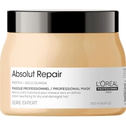 ماسك لوريال بروفيسيونال Absolut Repair سعة 500 مل، علاج مكثف لإصلاح الشعر التالف والجاف، يعيد بناء ألياف الشعر، يقلل التقصف، يمنح ترطيباً عميقاً ولمعاناً ونعومة، مناسب للشعر المعالج كيميائياً والمتضرر من الحرارة والصبغات