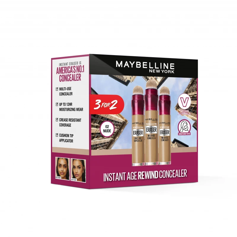خافي عيوب مايبيلين إنستانت إيج ريوايند - لون نيود رقم 02، 3 قطع، -%33 - Maybelline