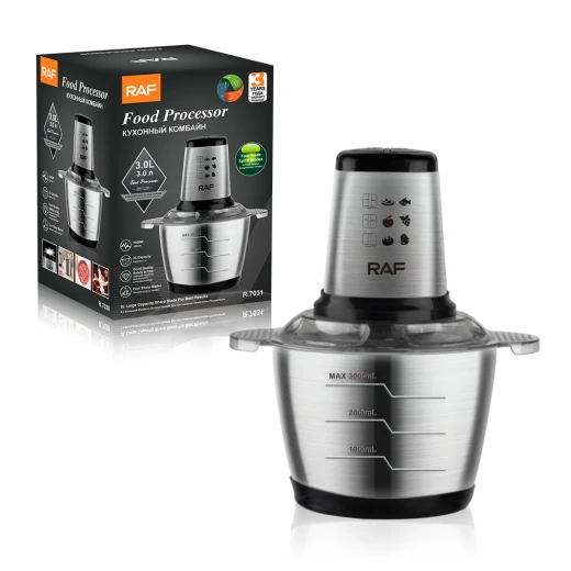 RAF Food Processor 1000W, Powerful Motor for Fast & Efficient Food Preparation, 3L Large Stainless Steel Bowl, 4 Sharp Stainless Steel Blades for Chopping & Grinding, High-Quality Construction - RAF - Image 3