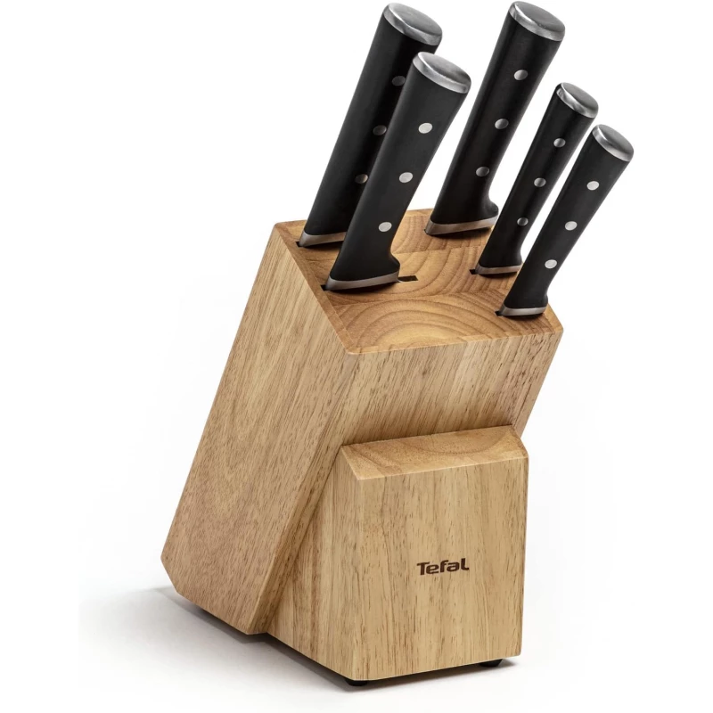 Tefal Wooden Knife Block 5pc Set- Ice Force Knives, German Stainless Steel & Premium Design - Bread 20 cm | Chef 20 cm | Santoku 18 cm | Utility 11 cm | Paring 9 cm - Tefal