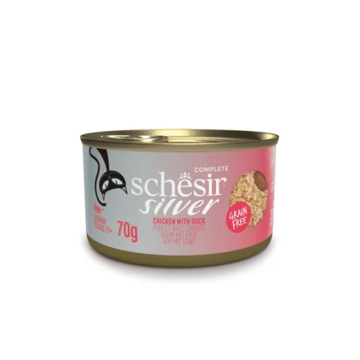 SCHESIR SILVER CAT CAN MOUSSE AND SHREDS CHICKEN AND DUCK 70G SCHESIR SILVER CAT CAN MOUSSE AND SHREDS CHICKEN AND DUCK 70G