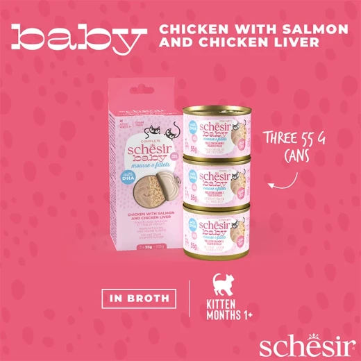 SCHESIR BABY CAT CAN MULTIPACK MOUSSE&SHREDS CHICKEN&SALMON 3X55G-N - SCHESIR - Image 2