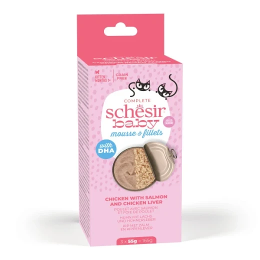 SCHESIR BABY CAT CAN MULTIPACK MOUSSE&SHREDS CHICKEN&SALMON 3X55G-N