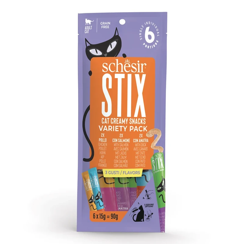 SCHESIR STIX CAT POUCH VARIETY TREATS CHICKEN-DUCK-SALMON 6X15G - SCHESIR
