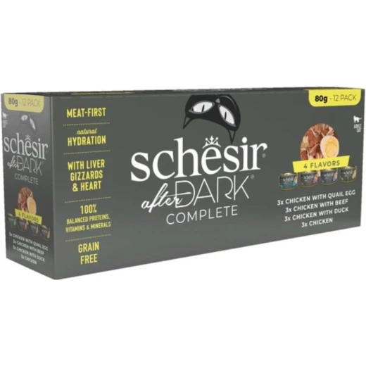 SCHESIR AFTER DARK CAT CAN VARIETY PACK WF IN BROTH CHICKEN 12X80G