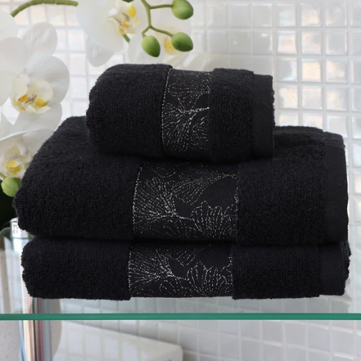 Nova Home Utopia Towel with Silver Details - 100% Cotton - 30x50 Cm - Black & Silver