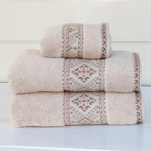 Nova Home Auric Jacquard Embroidered Towel - 100% Cotton - 50x90 Cm - Beige Nova Home Auric Jacquard Embroidered Towel - 100% Cotton - 50x90 Cm - Beige