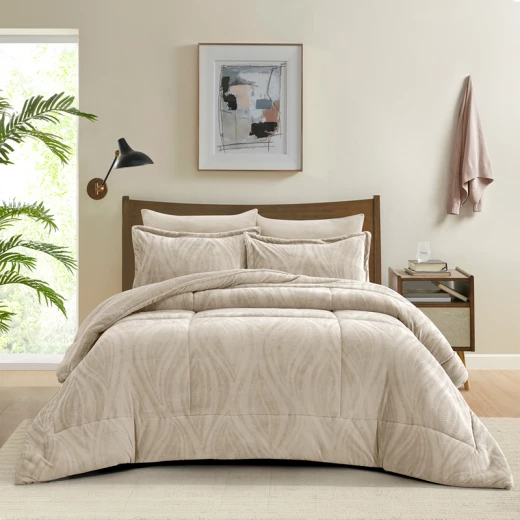 طقم لحاف من الفلانيل الجاكار الشتوي من Nova Home Rhodes - مقاس كينج/سوبر كينج - 6 قطع - بيج - نوفا هوم - Image 6